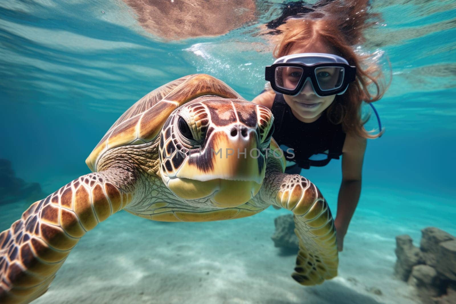 A girl and turtle underwater, snorkeling. AI Generated by Desperada