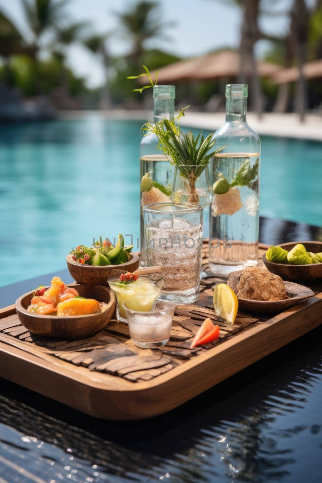 served tray in swimming pool with drinks and snacks on tropical island in Maldives, AI Generated by Desperada