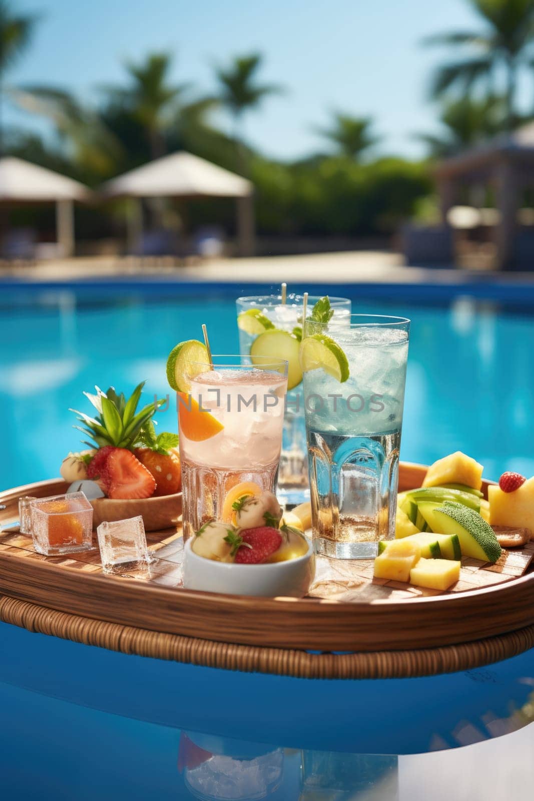 served tray by swimming pool with drinks and snacks on tropical island resort in Maldives, cocktails and canapes for romantic date or honeymoon in luxury hotel, travel concept. AI Generated