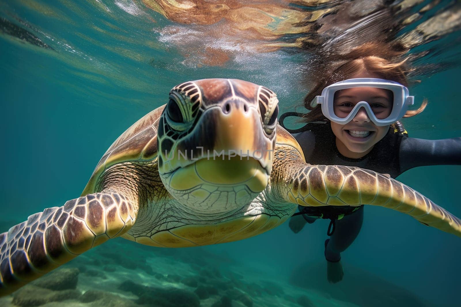 A girl and turtle underwater, snorkeling. AI Generated by Desperada