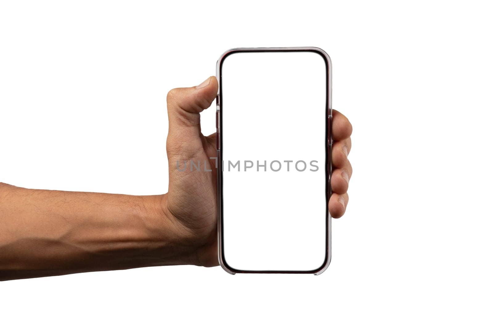 black male hand holding modern smart phone mockup on white