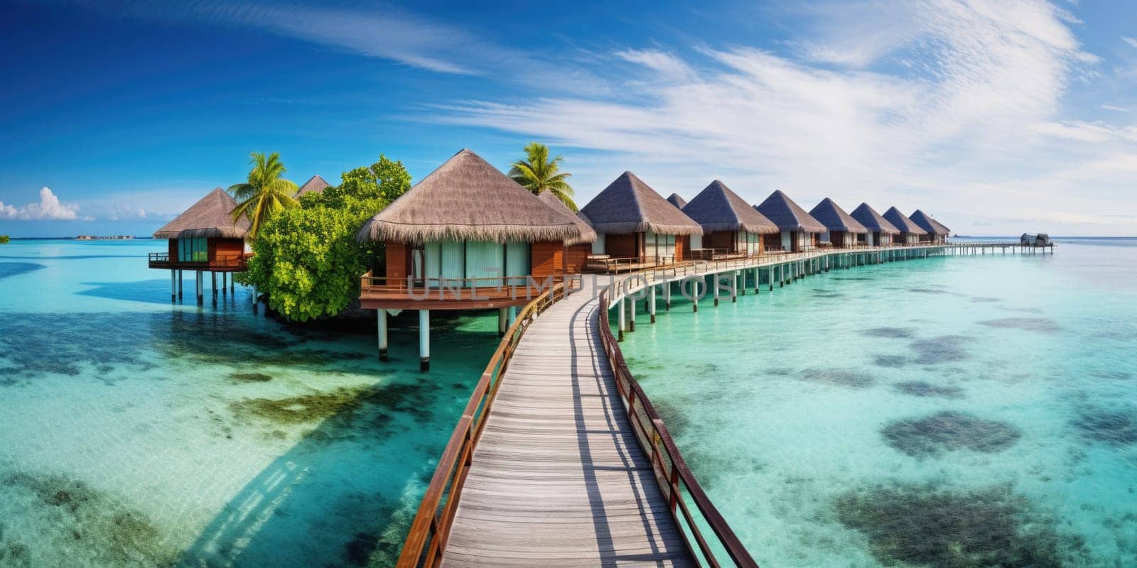 Maldives paradise scenery. Tropical aerial landscape, seascape with water villas with amazing sea and lagoon beach, tropical nature. AI Generated