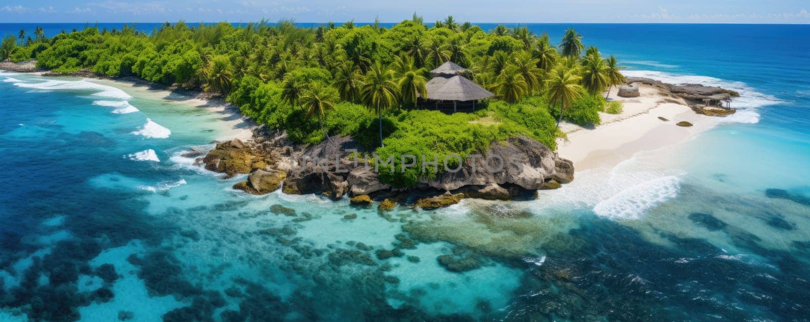 Maldives paradise scenery. Tropical aerial landscape, seascape with water villas with amazing sea and lagoon beach, tropical nature. AI Generated