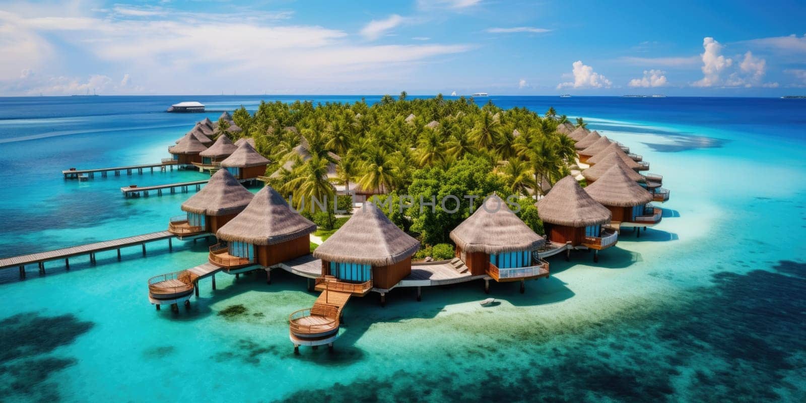 Tropical seascape with water villas with amazing sea and lagoon beach. AI Generated by Desperada