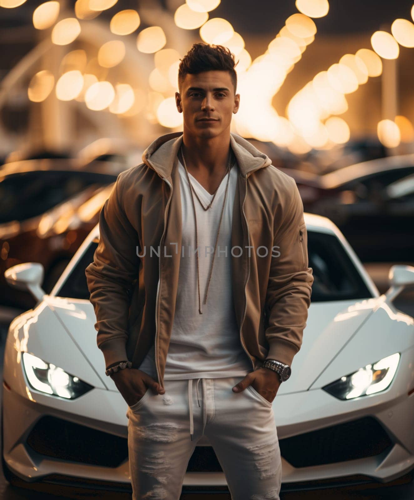 Handsome young man in casual clothes standing near his modern sport car on the street by Andelov13