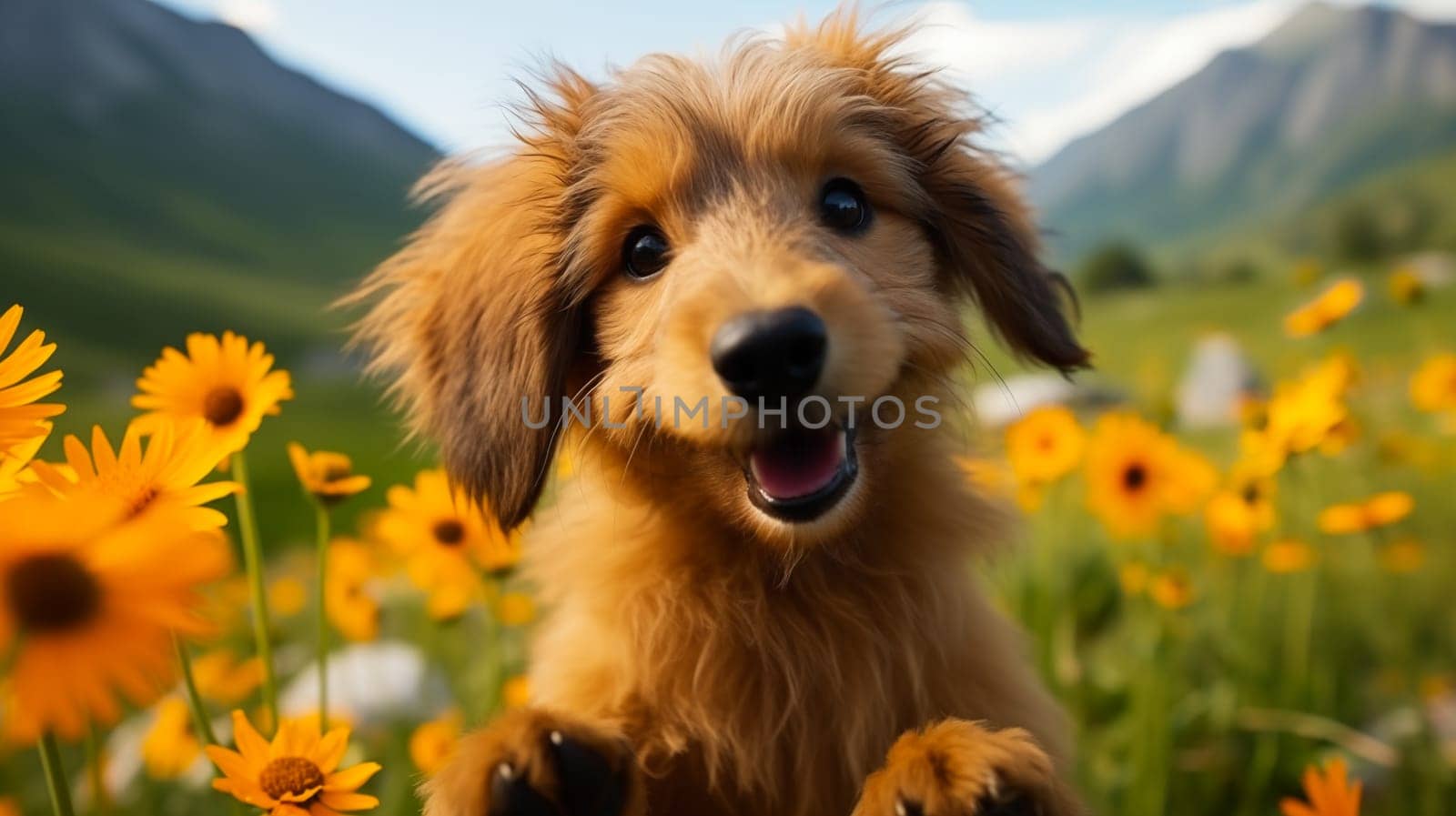 Closeup Adorable Golden Retriever Puppy in Meadow with Yellow Flowers and Mountain on Background. Wallpaper or Poster. Brown Fur Cute Pet, Friend AI Generated. High quality photo