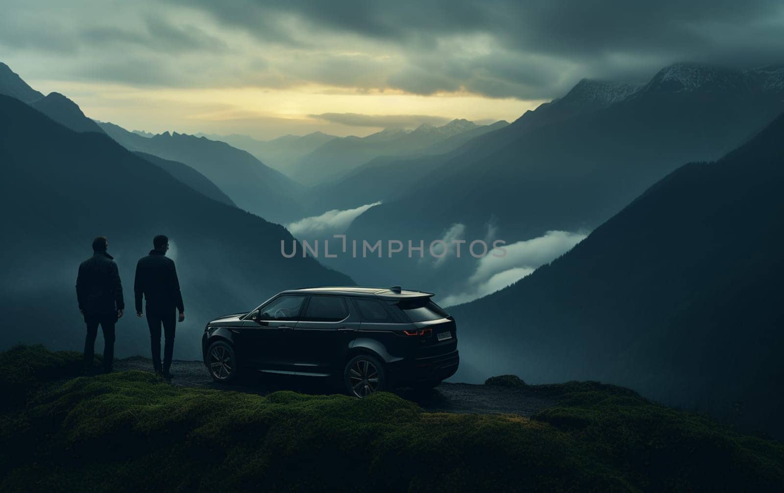 Couple Silhouette Of Offroad Travelers Take Photos In Mountains Or Hill Top Against The Background Of Sunset Or Sunrise With Panoramic View. High quality photo