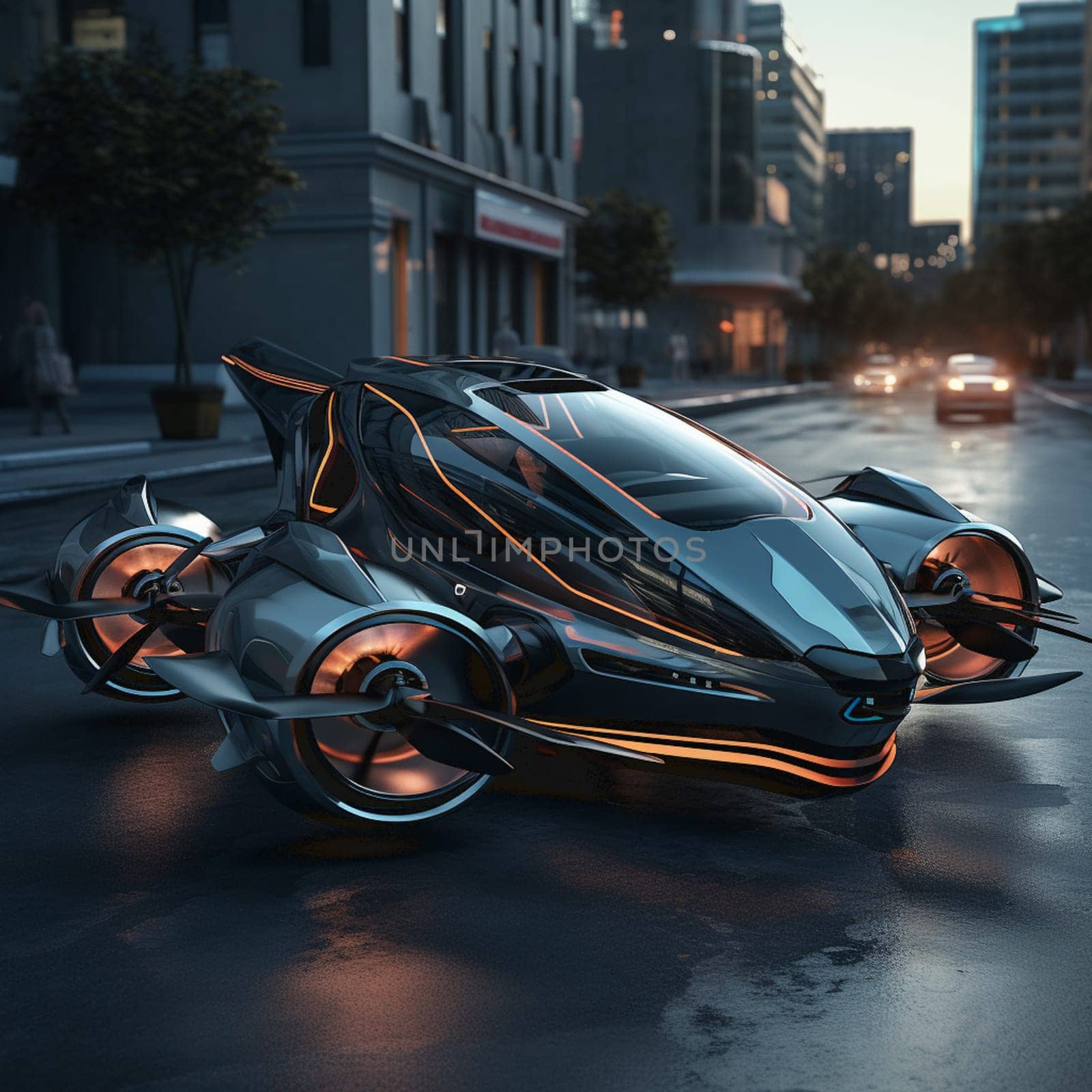 Creative glowing digital car on blurry night city background. Transport and design journey. 3D Rendering . High quality photo