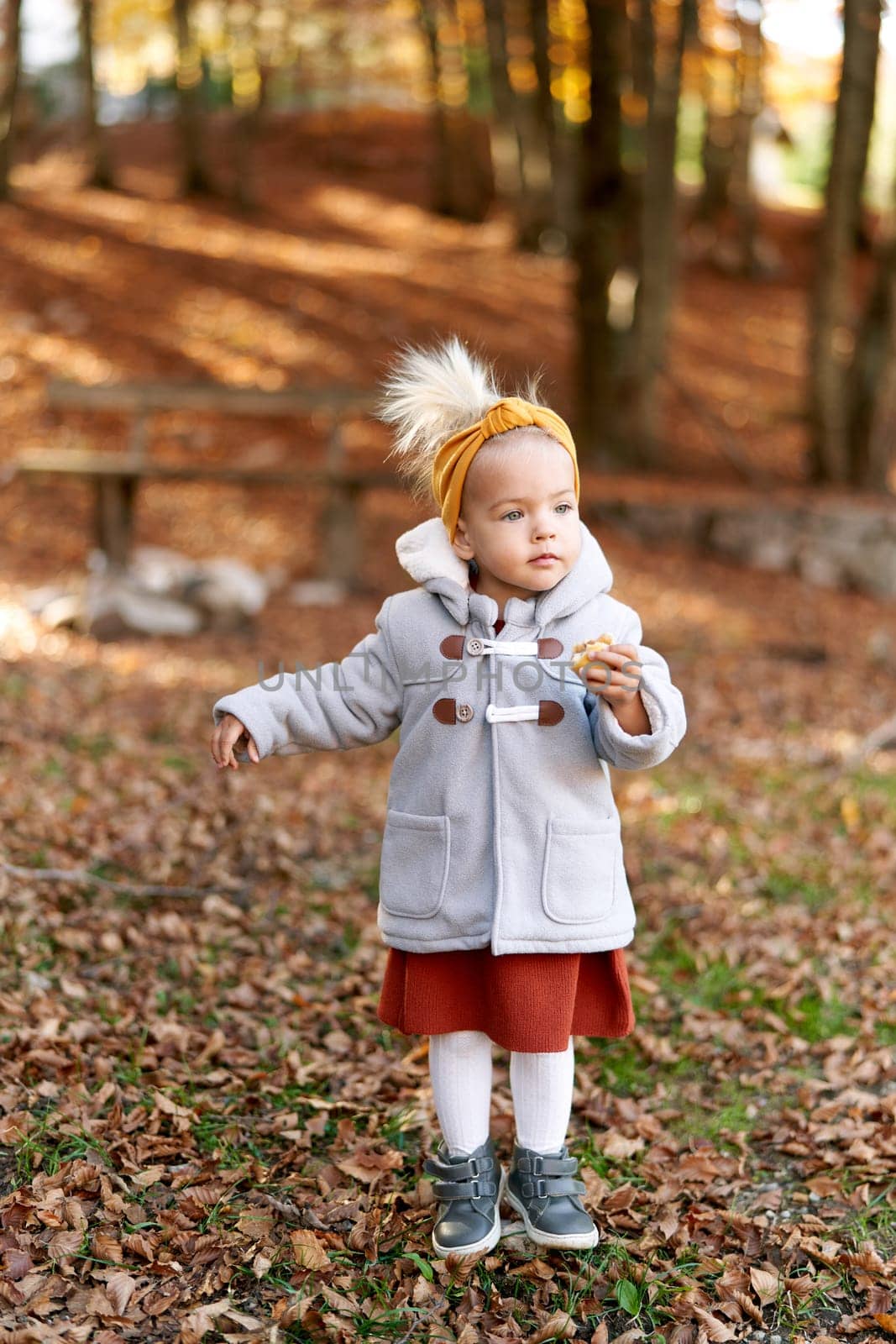 Little girl with a bun stands on fallen leaves in an autumn park by Nadtochiy