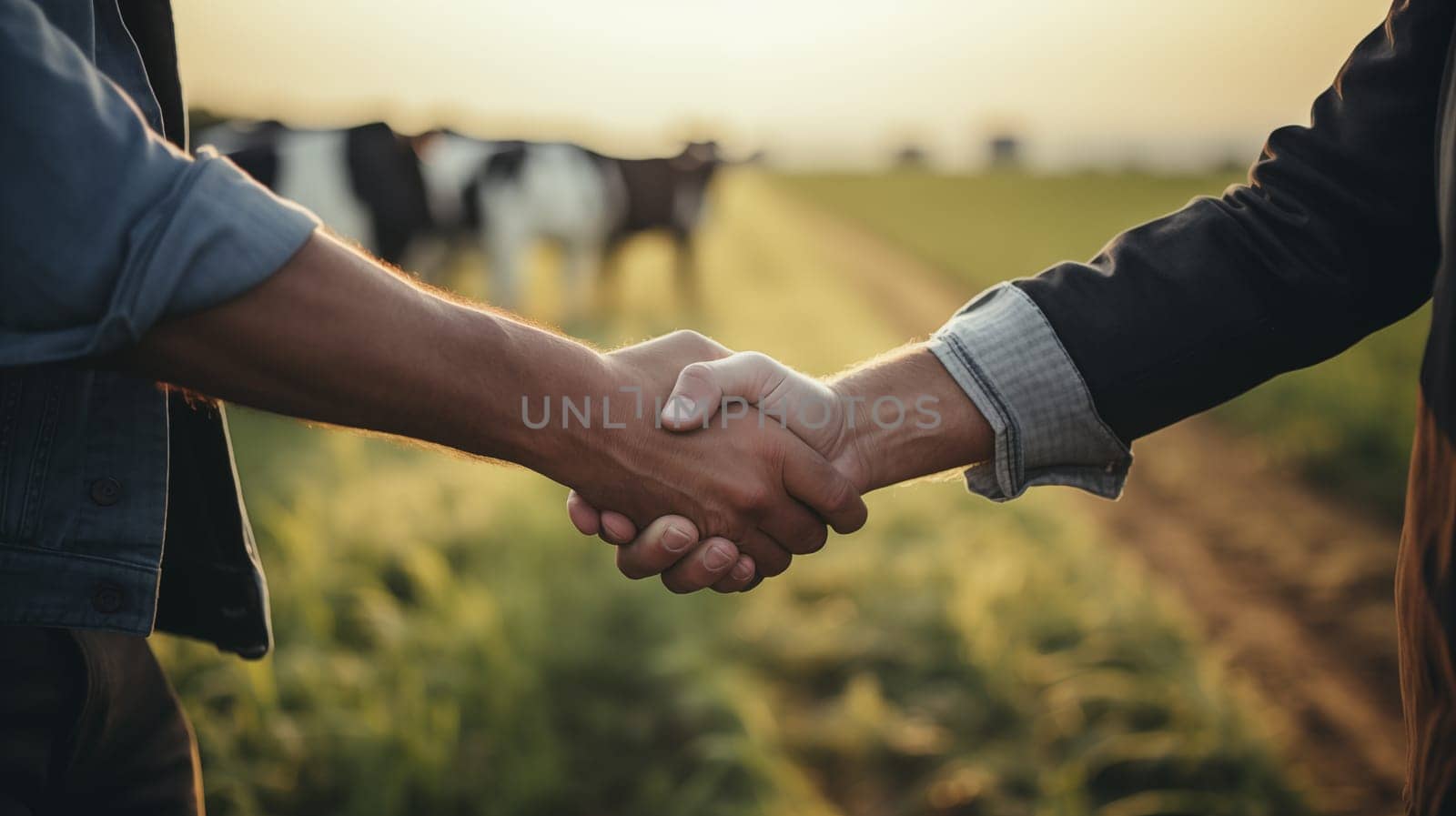 Handshake of two men in shirts against the background of a farmer's field with grazing cows.