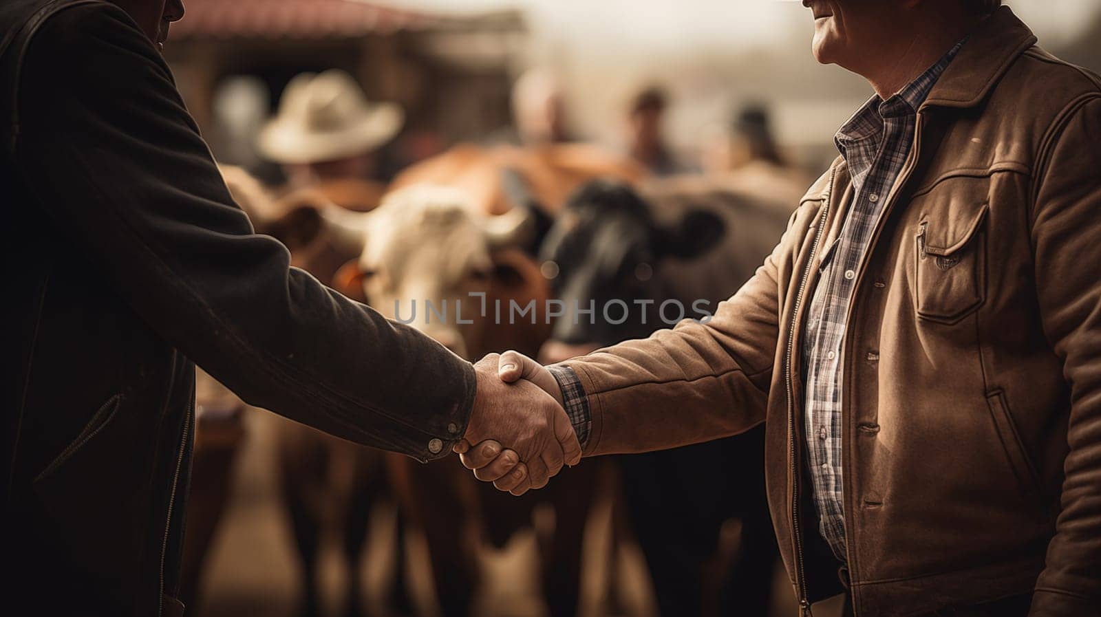 Close up of Handshake of two senior farmers against the background with grazing brown cows, at sunset.