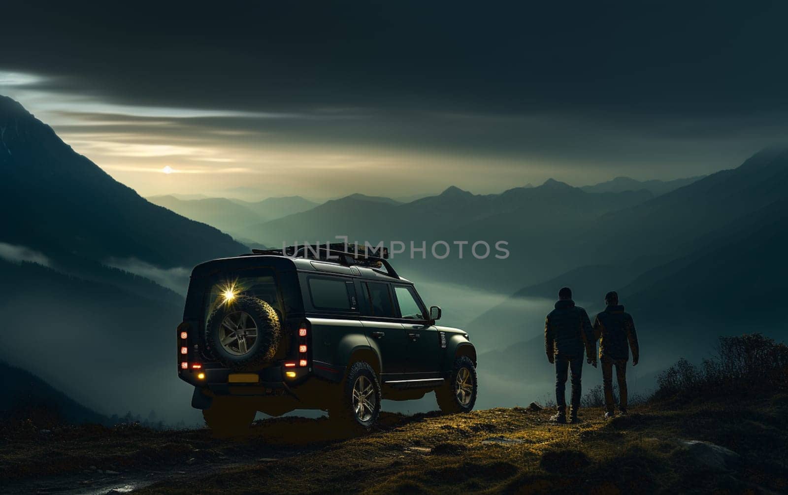 Couple Silhouette Of Offroad Travelers Take Photos In Mountains Or Hill Top Against The Background Of Sunset Or Sunrise With Panoramic View. High quality photo