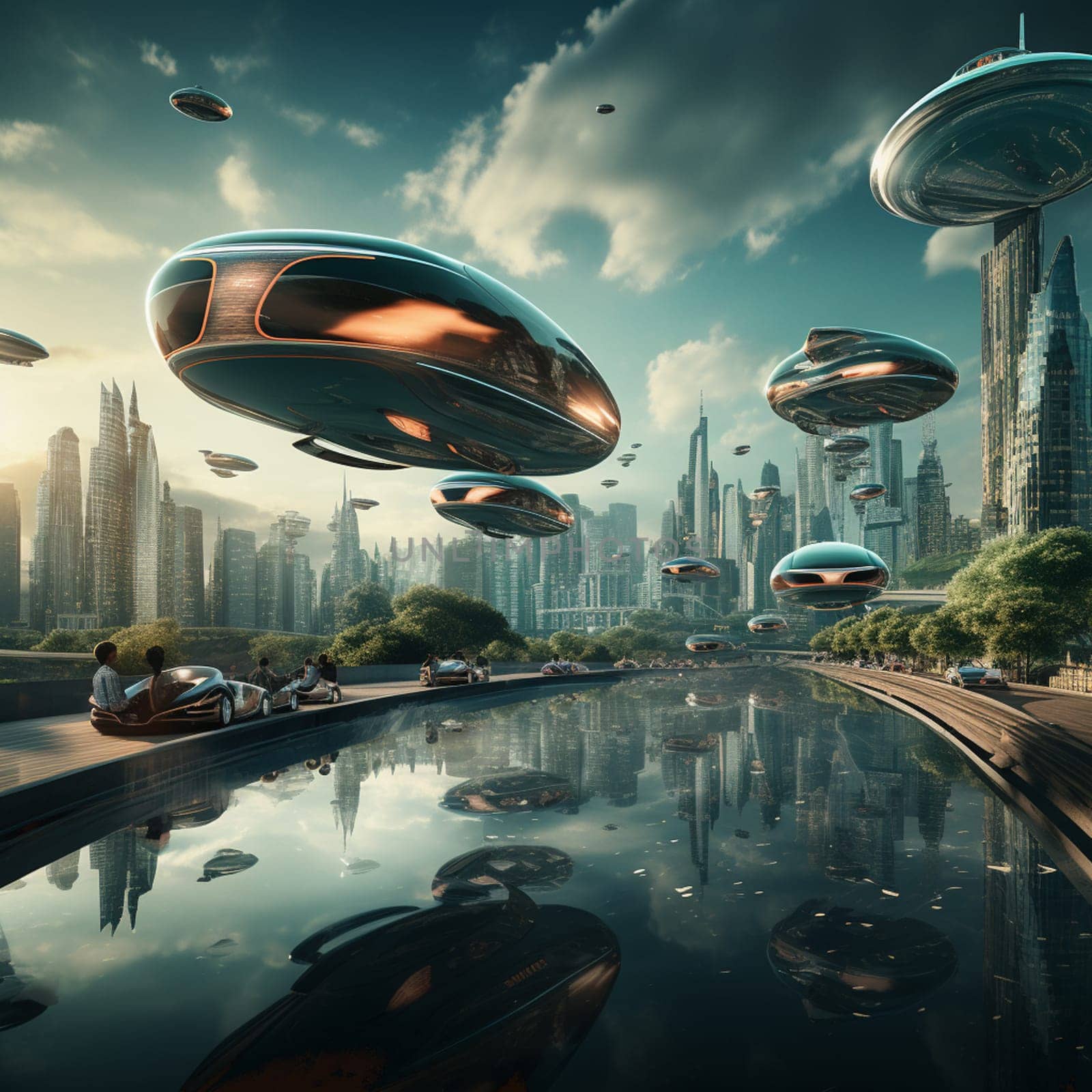 Flying saucers over futuristic megapolis. Sunrise. 3D rendering. High quality photo