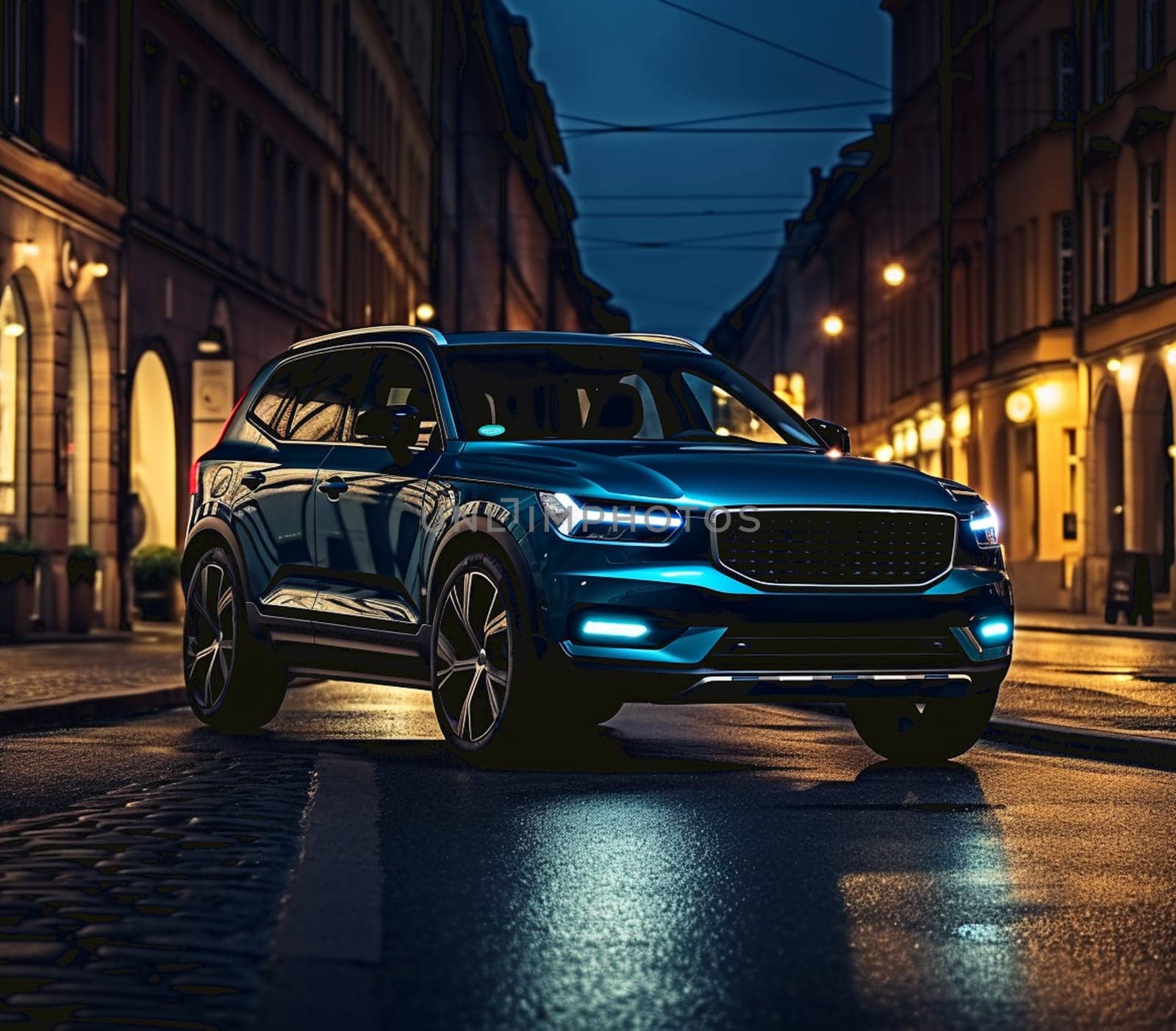 Blue compact SUV car with sport and modern design parked on concrete road by the sea at sunset. Environmentally friendly technology. Business success concept. by Andelov13