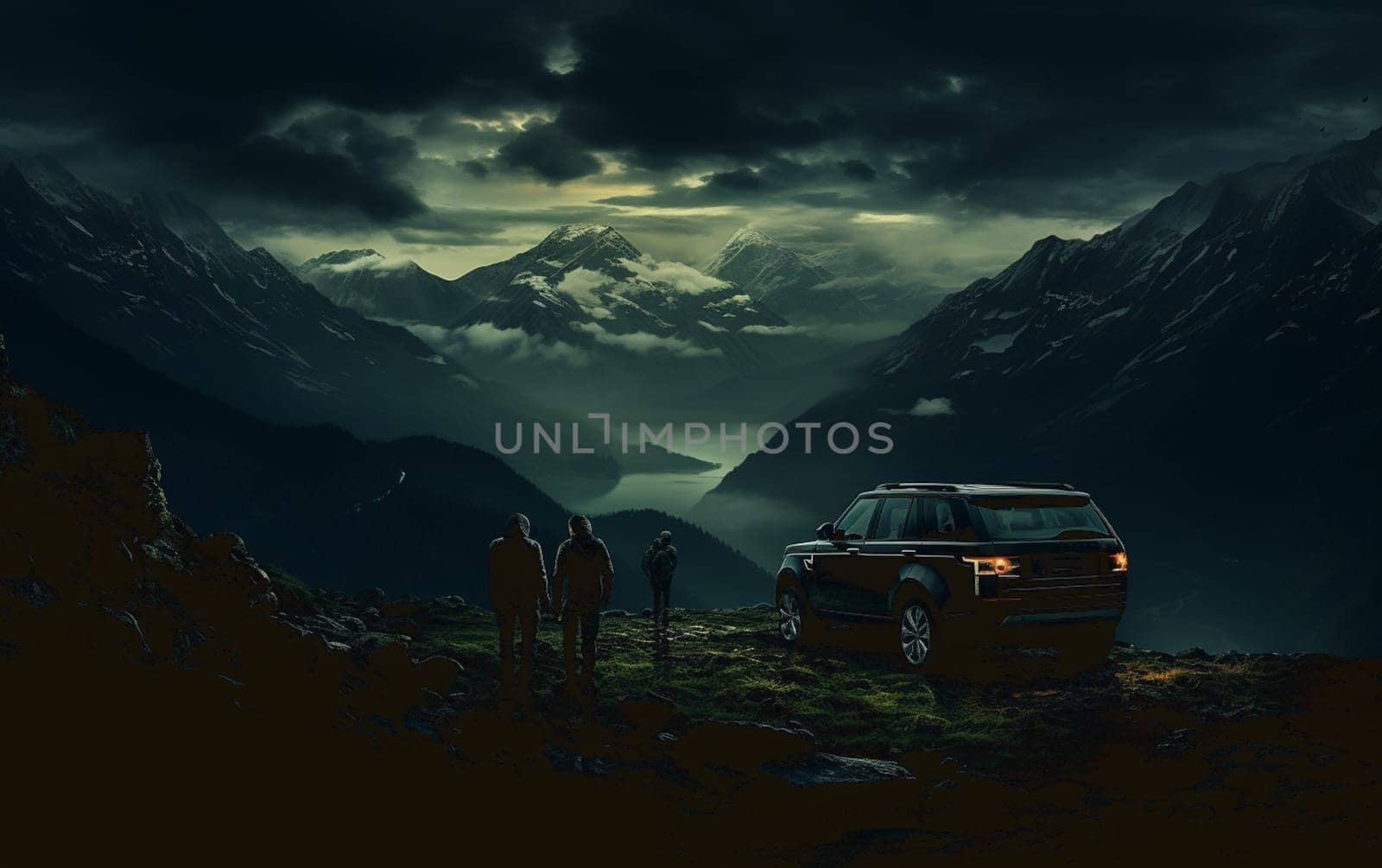 Couple Silhouette Of Offroad Travelers Take Photos In Mountains Or Hill Top Against The Background Of Sunset Or Sunrise With Panoramic View. High quality photo