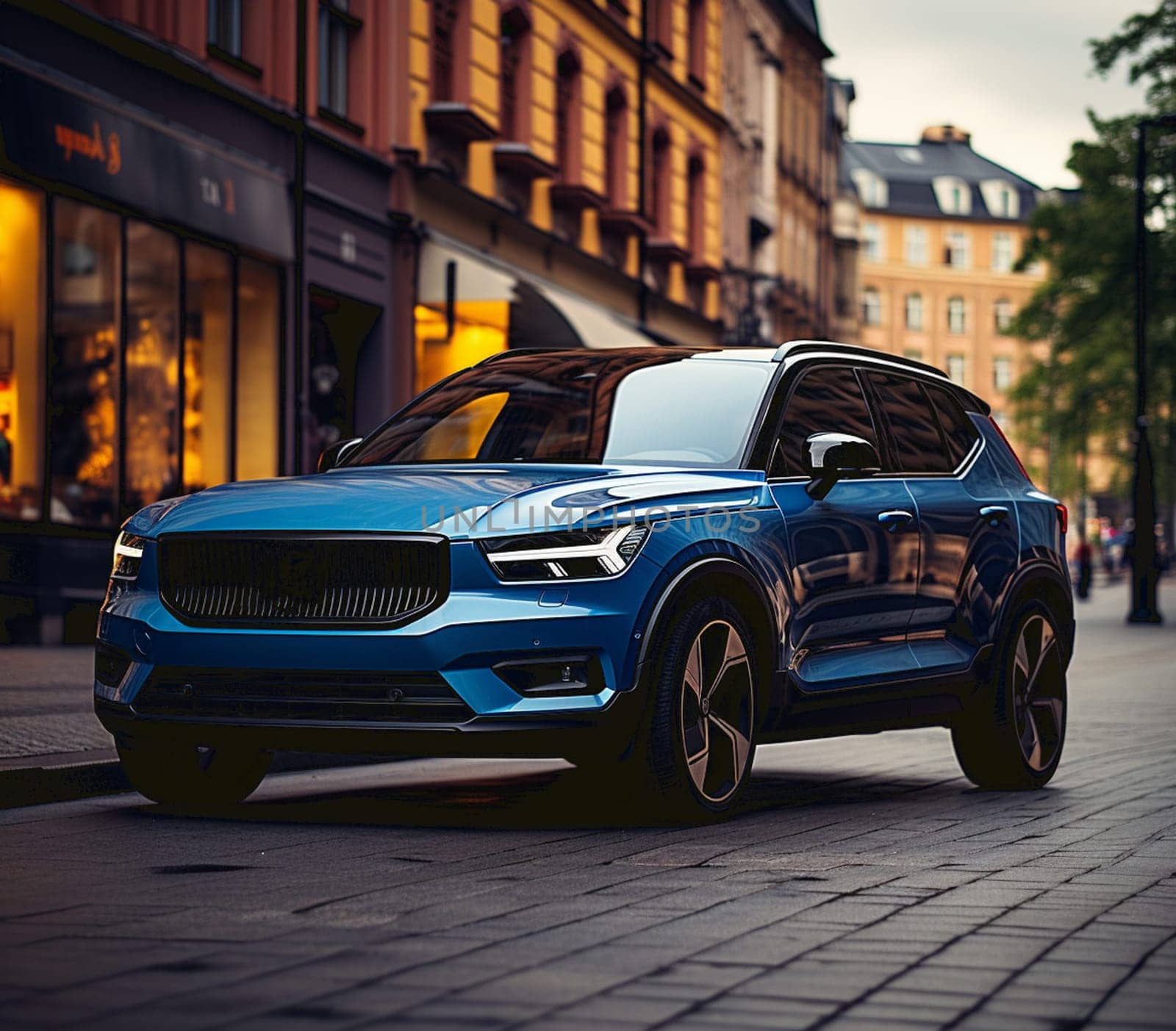 Blue compact SUV car with sport and modern design parked on concrete road by the sea at sunset. Environmentally friendly technology. Business success concept. High quality photo