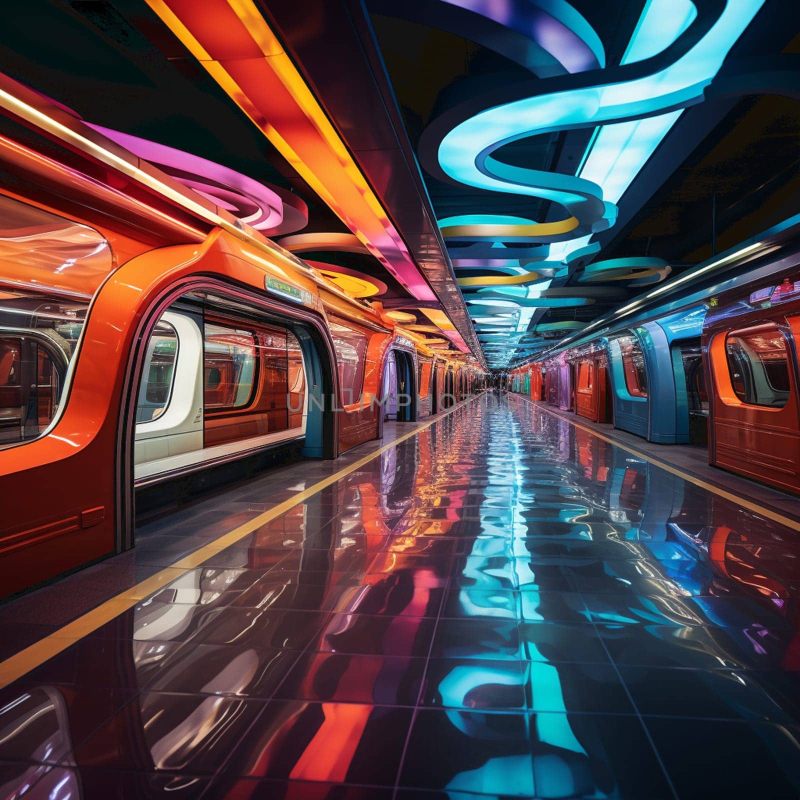 Colorful crossrail tunnel at night. High quality photo
