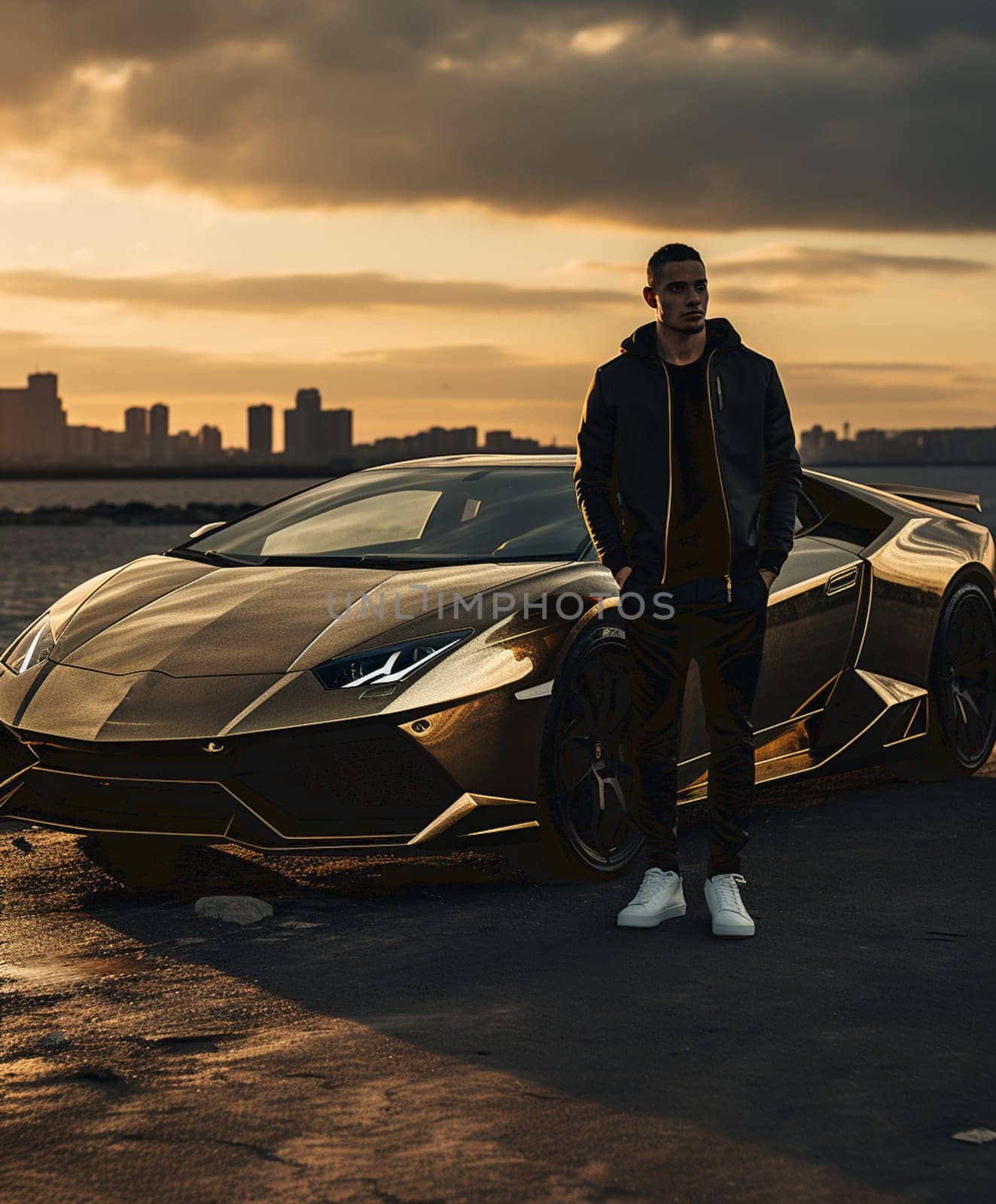 Handsome young man in casual clothes standing near his modern sport car on the street by Andelov13