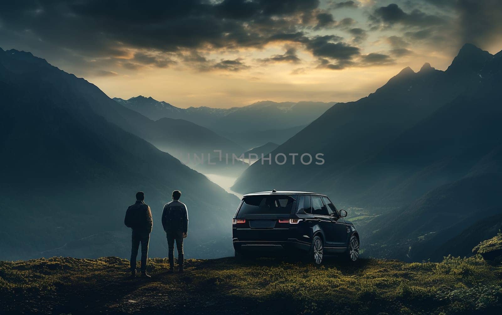 man near a black car at sunset. High quality photo