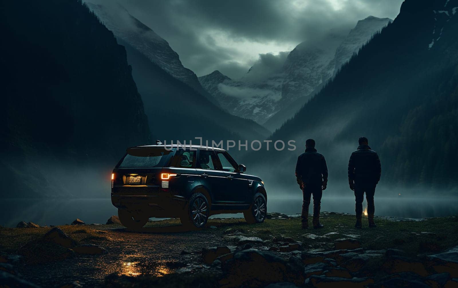 Couple Silhouette Of Offroad Travelers Take Photos In Mountains Or Hill Top Against The Background Of Sunset Or Sunrise With Panoramic View. High quality photo