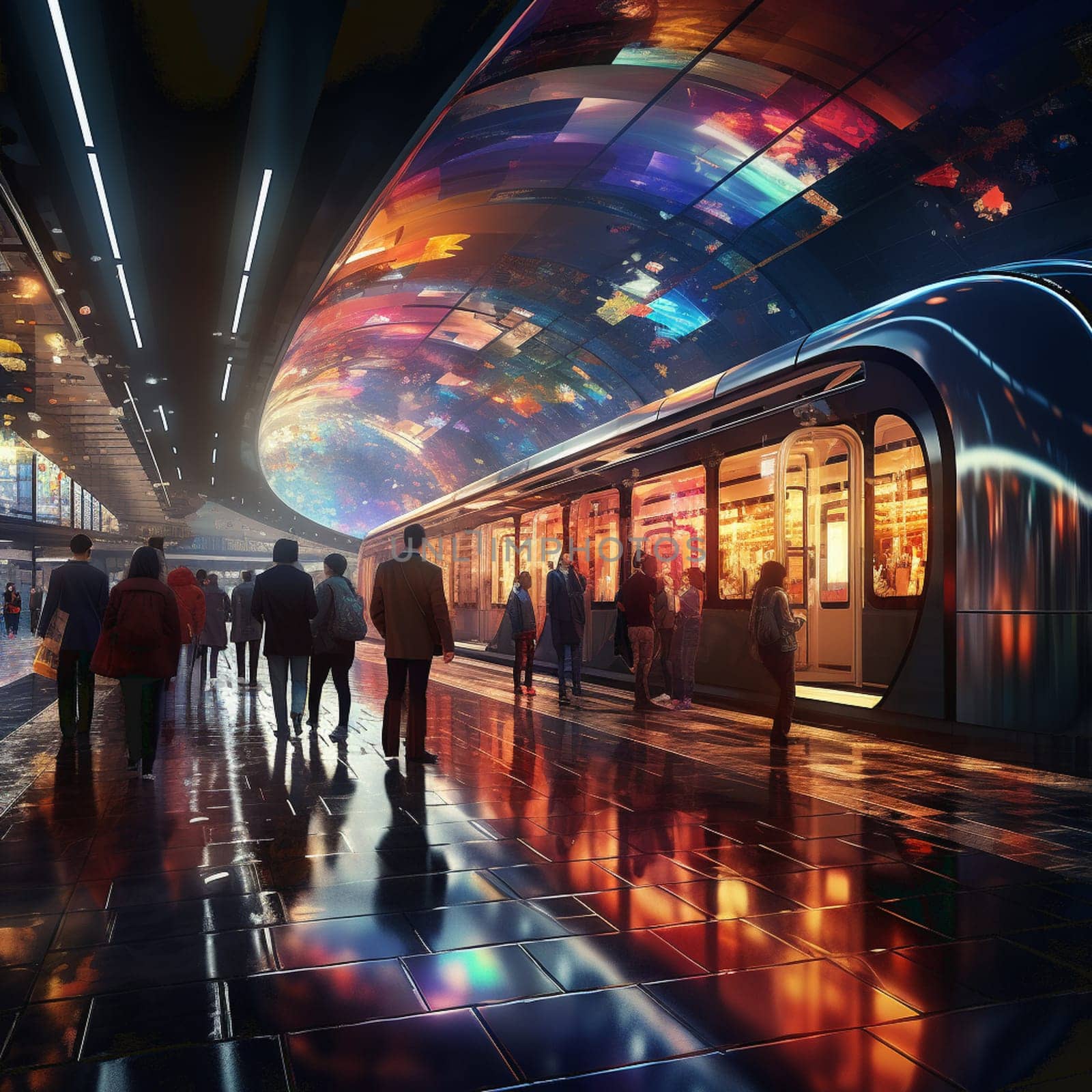 Cyberpunk subway With neon backlight contours. Retro wave style. Futuristic high-speed express passenger train. Logistics of the future, modern technologies. Concept art, Digital painting. by Andelov13