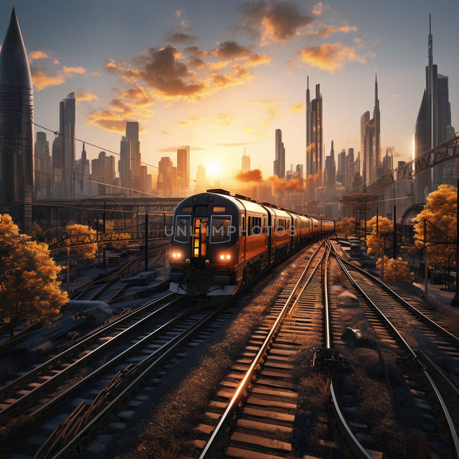 High speed train in motion on the railway station at sunset. Fast moving modern passenger train on railway platform. Railroad with motion blur effect. Commercial transportation. Blurred background . High quality photo