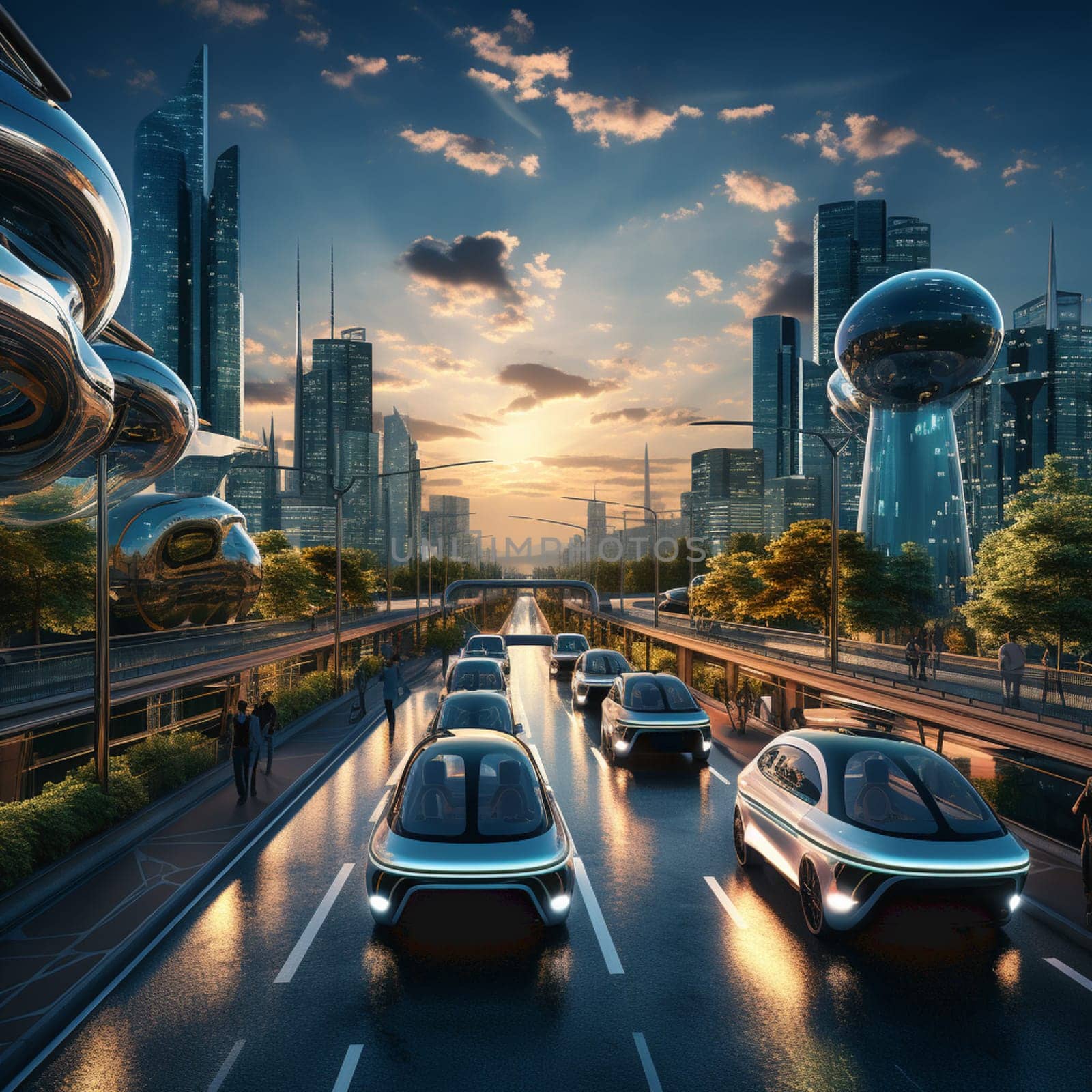 Flying saucers over futuristic megapolis. Sunrise. 3D rendering by Andelov13
