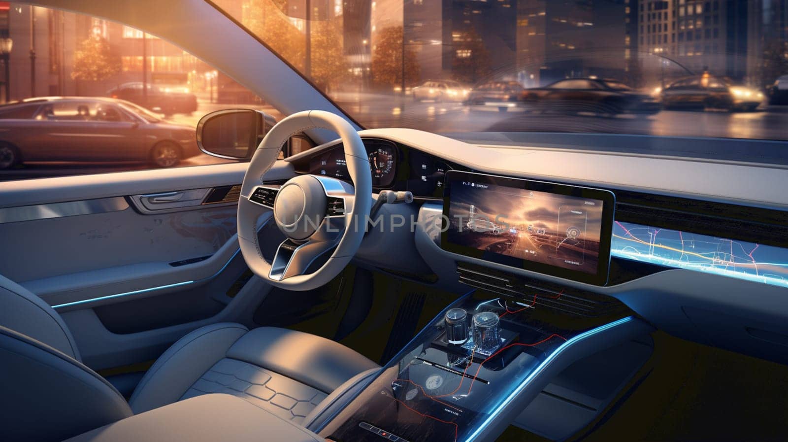 Car interior with Self driving , Auto pilot and internet of thin futuristic icon illustration . Autonomous car system technology concept . by Andelov13