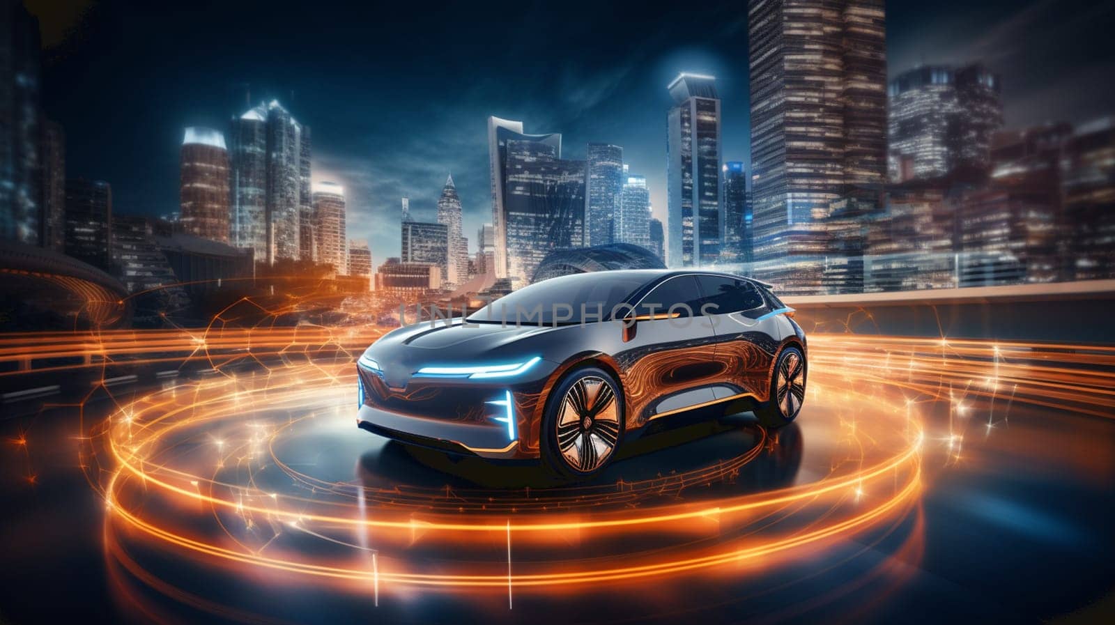 Creative glowing digital car on blurry night city background. Transport and design journey. 3D Rendering . High quality photo