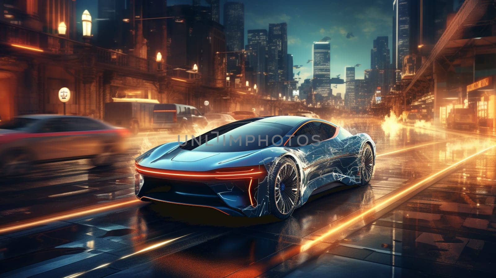 Creative glowing digital car on blurry night city background. Transport and design journey. 3D Rendering by Andelov13