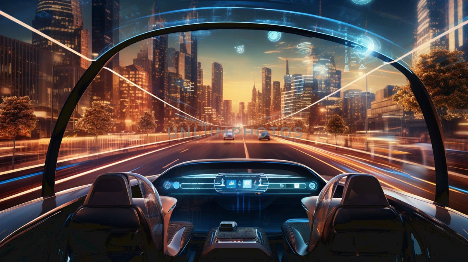 Car interior with Self driving , Auto pilot and internet of thin futuristic icon illustration . Autonomous car system technology concept . by Andelov13