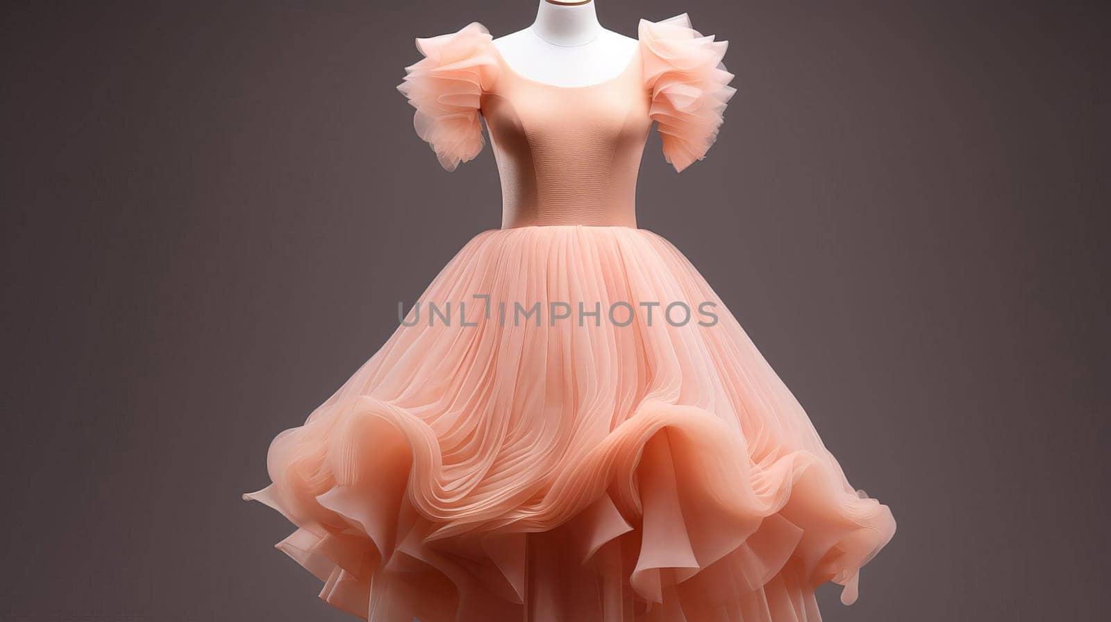 Fashion design, dress of delicate peach color made of delicate light fabric. Color of the year 2024 peach fuzz. AI generated.