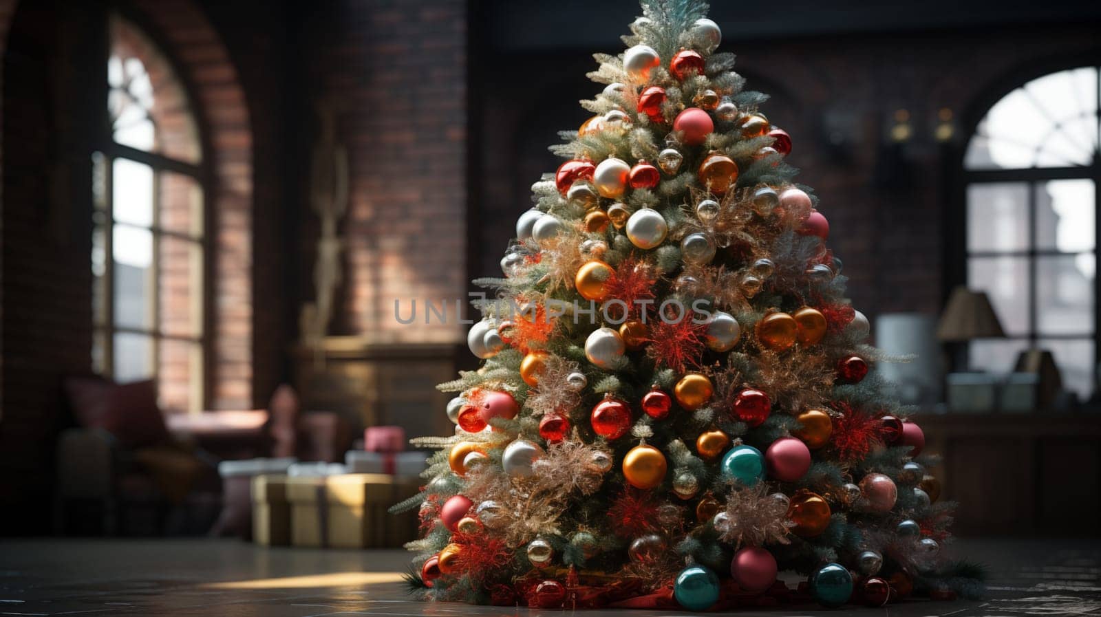 A beautiful lush decorated Christmas tree stands in a large living room with large windows.