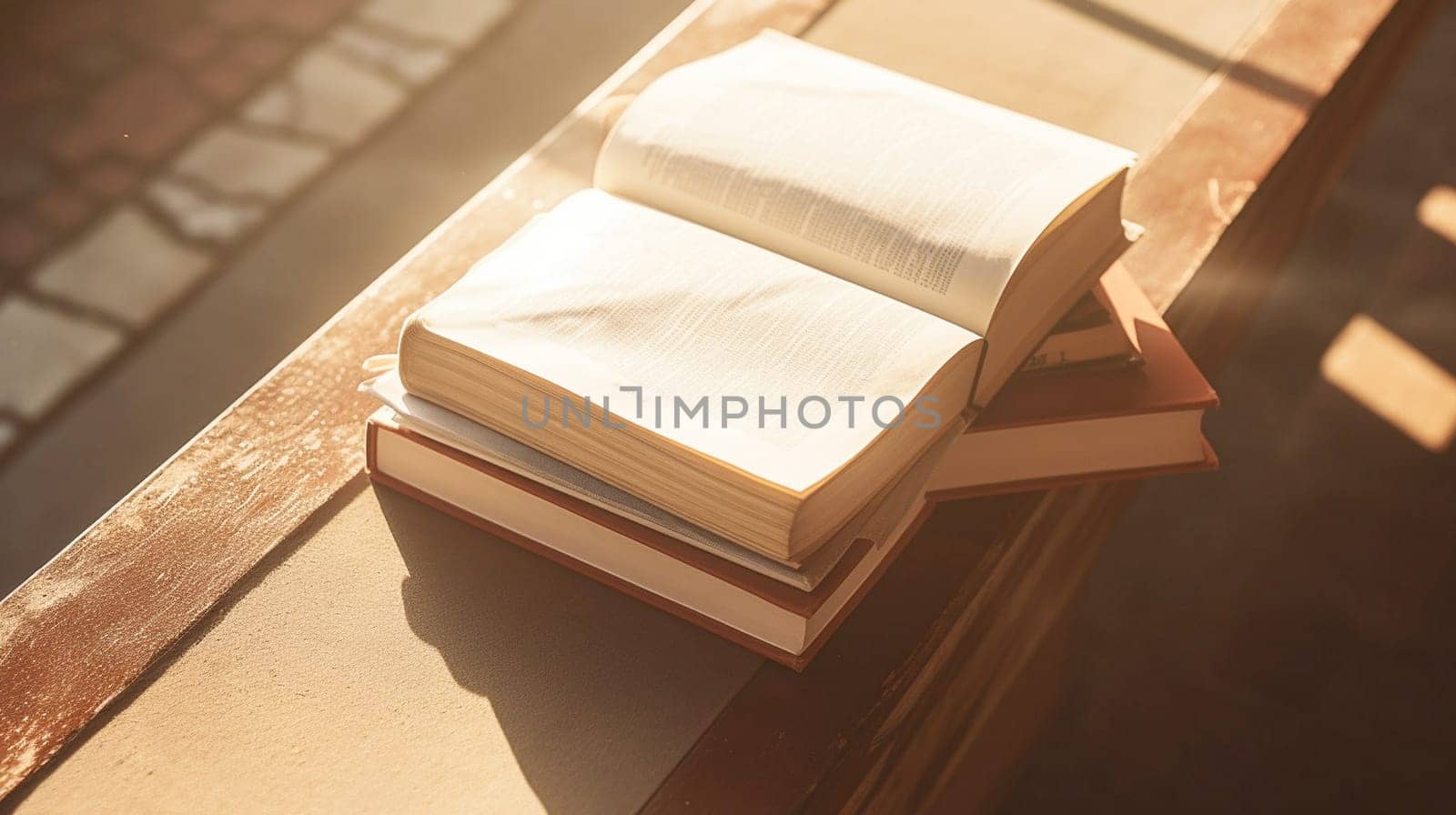 Opened book on stacks of old books in a library on a sunny day by kizuneko