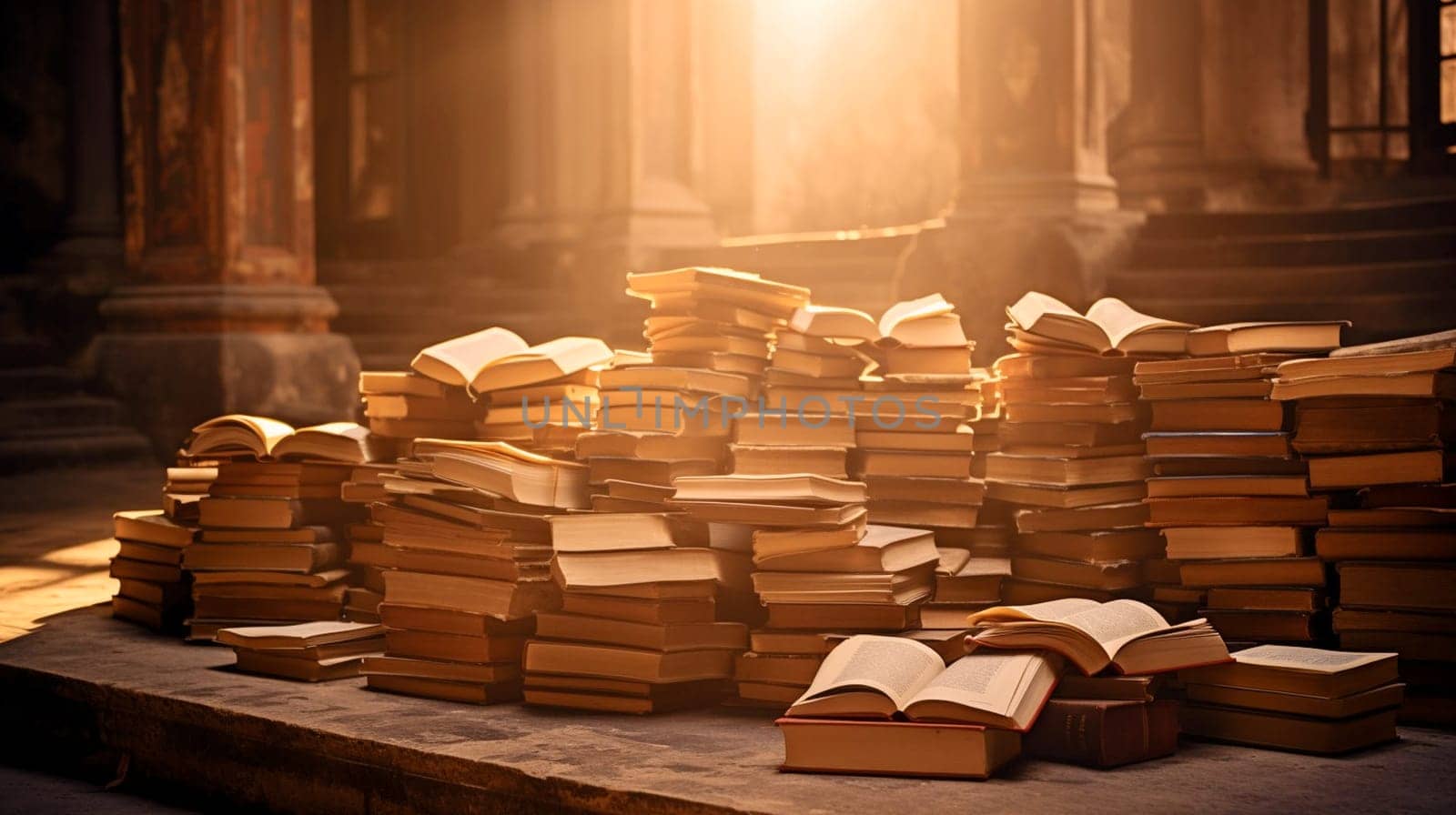 Chaotic stacks of old books in a library on a sunny day. High quality photo