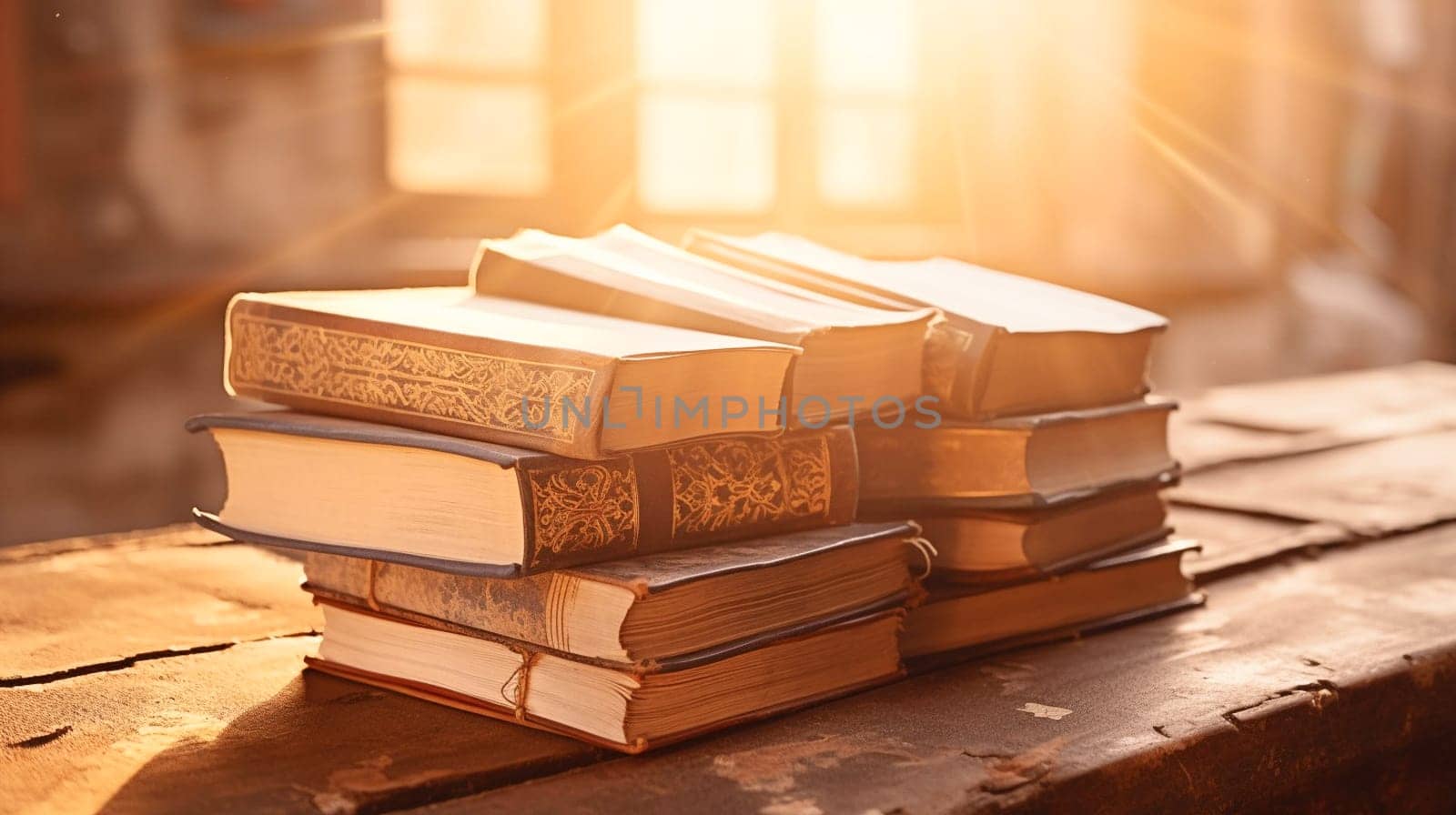 Chaotic stacks of old books in a library on a sunny day. High quality photo