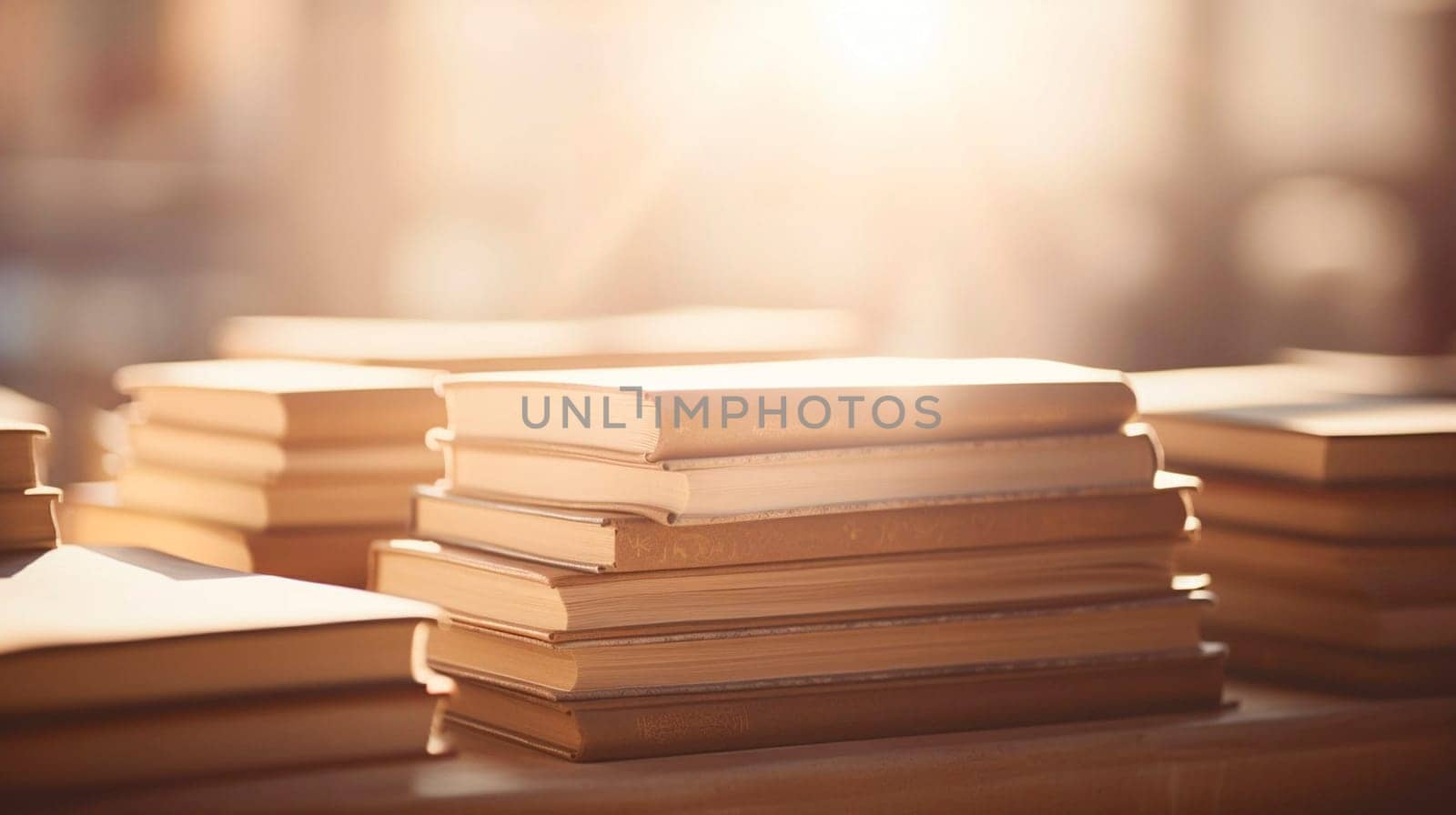 Chaotic stacks of old books in a library on a sunny day by kizuneko