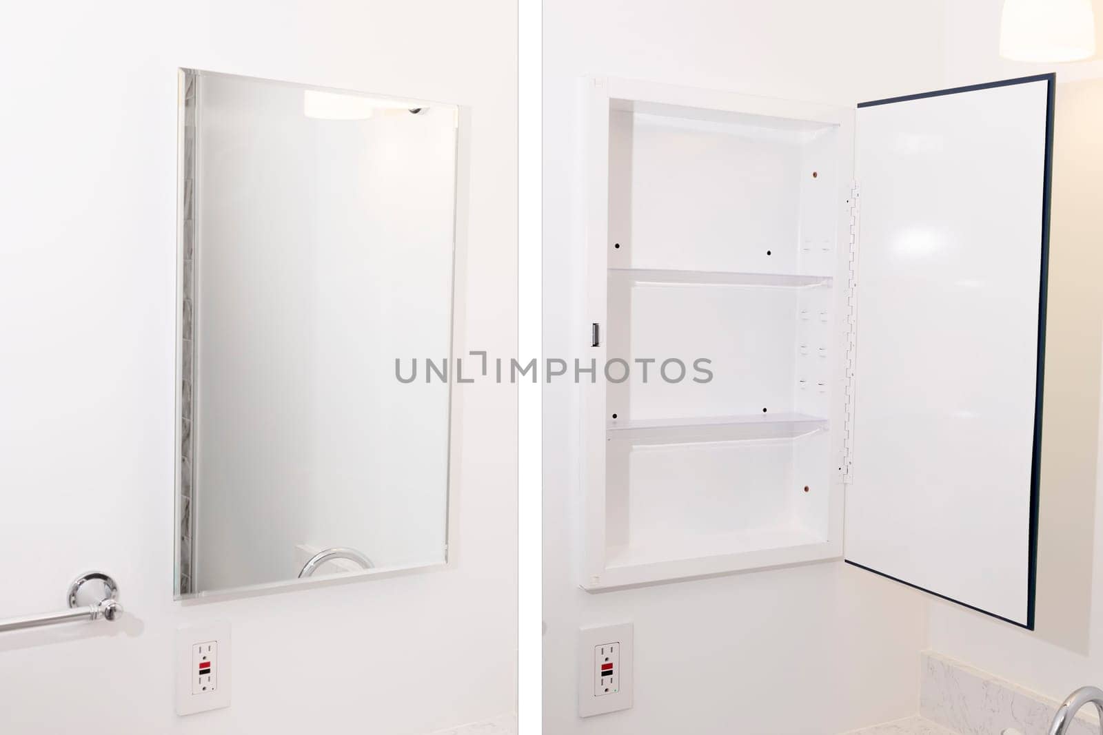 Empty Bathroom Medicine Cabinet With Mirror Open And Closed, White Walls. Pills And Drug Medicament Container Mockup. Open Mirror Door Stand. Horizontal Plane, Template. High Quality Photo