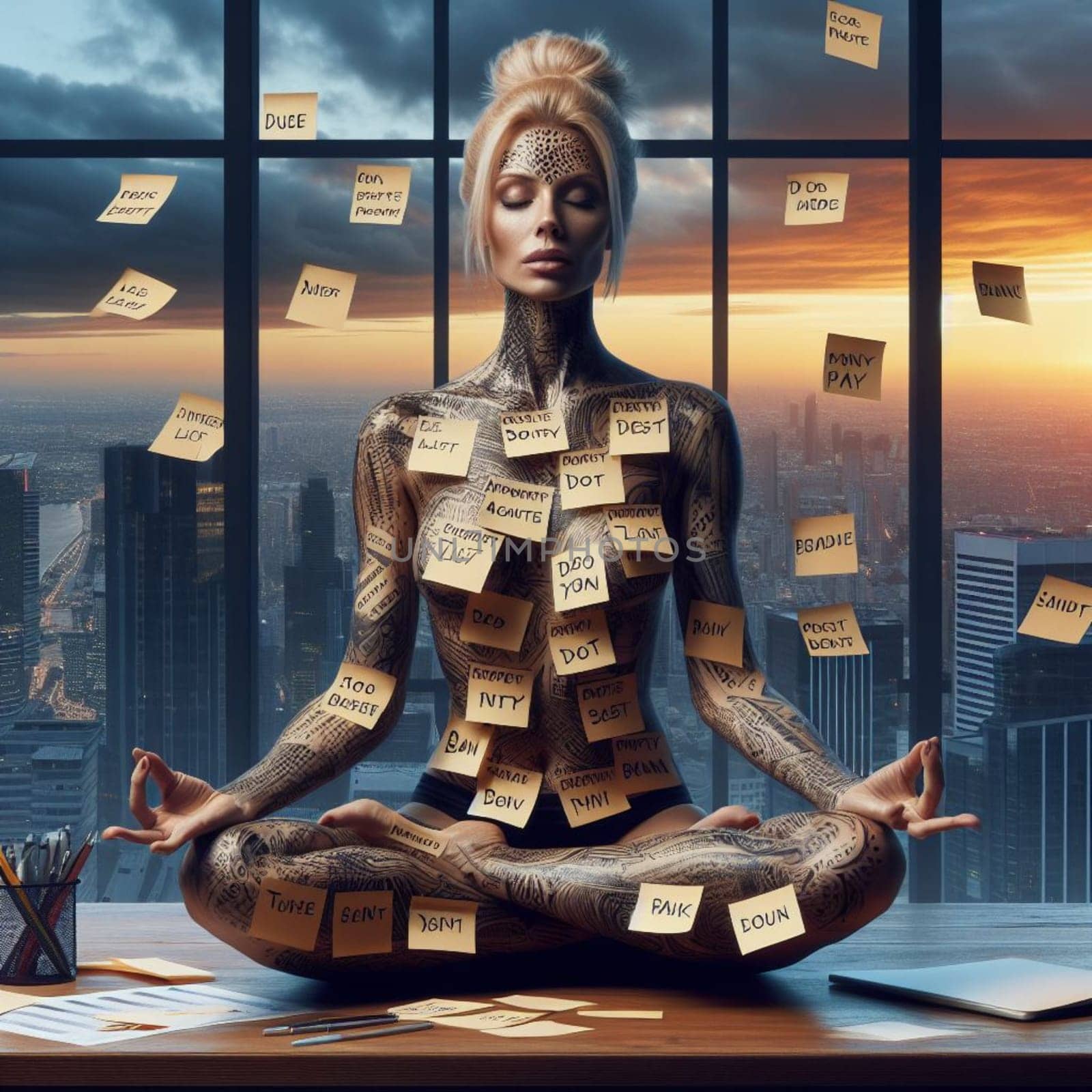 a stressed woman covered of post it notes in lotus yoga position relaxing at the office ai generated