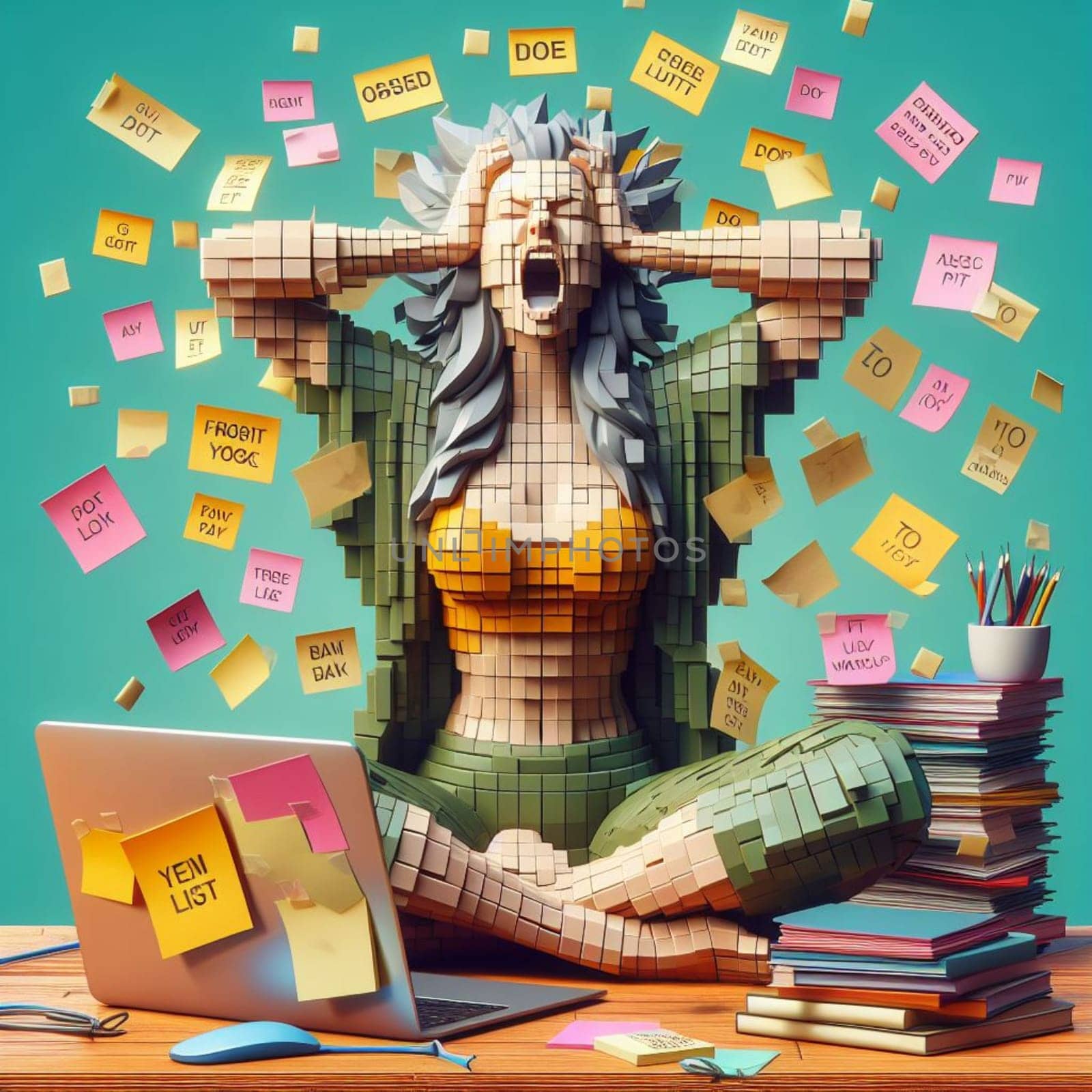a stressed woman covered of post it notes in lotus yoga position relaxing at the office by verbano