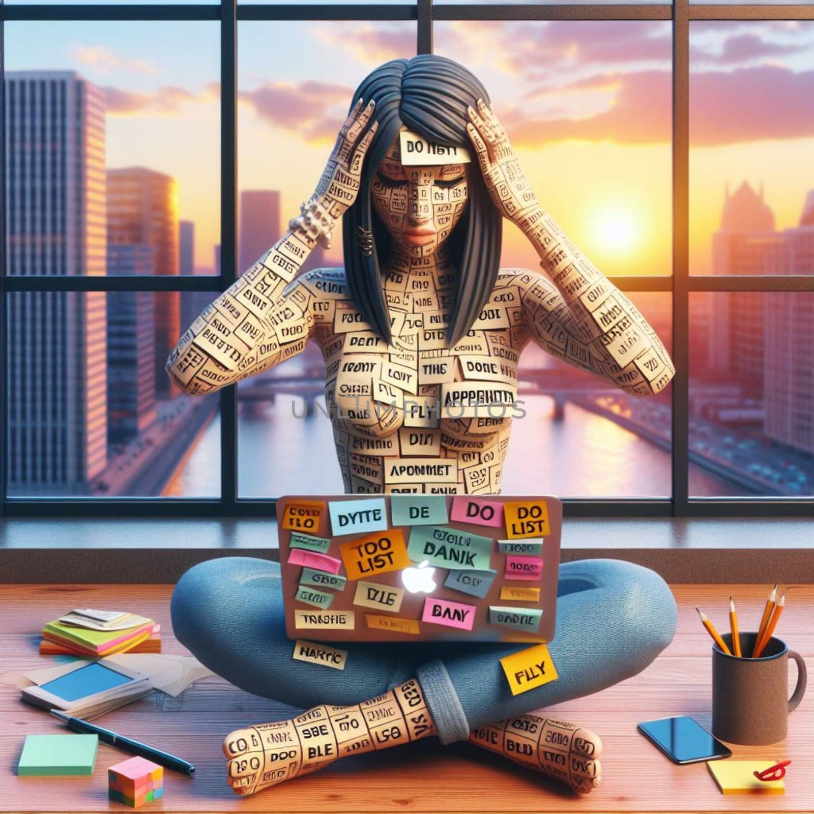 a stressed woman covered of post it notes in lotus yoga position relaxing at the office ai generated