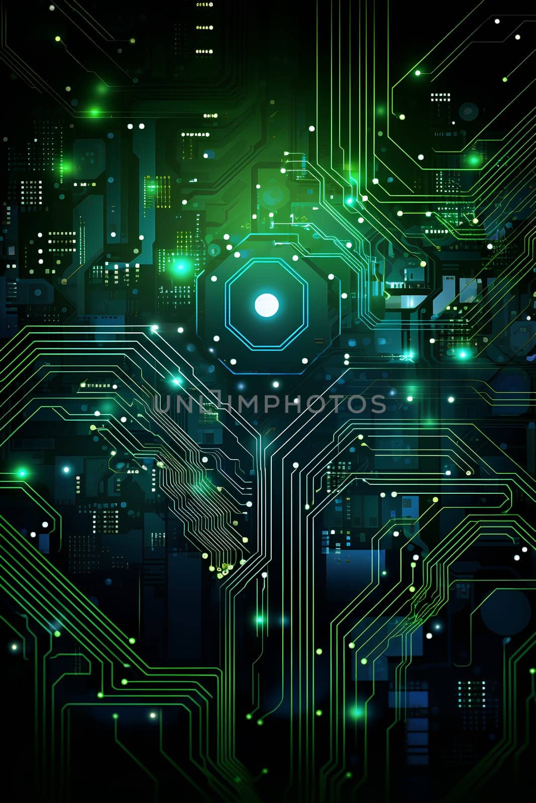 A computer circuit board with green lights by chrisroll