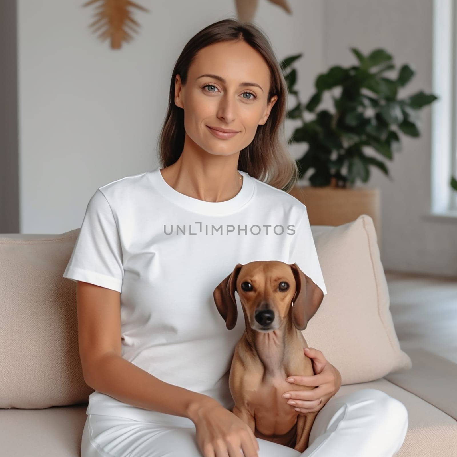 A beautiful woman with her dog, sitting on a sofa. minimal design, grey palette