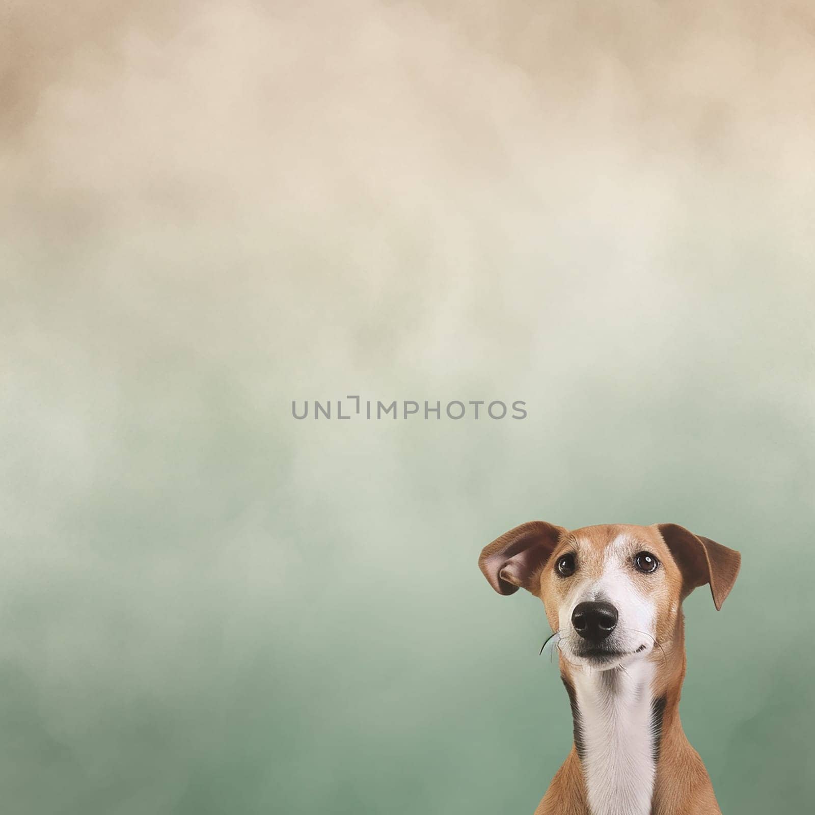 A happy and funny dog looking in front, neutral background