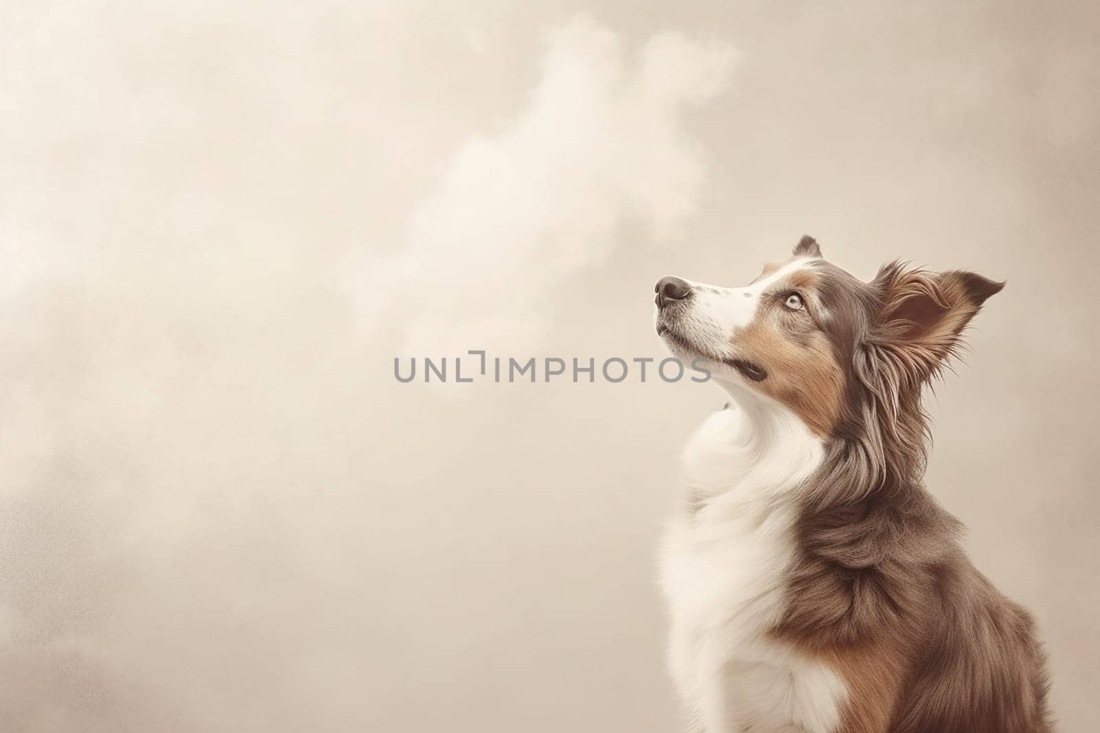A happy and funny dog looking in front, neutral background