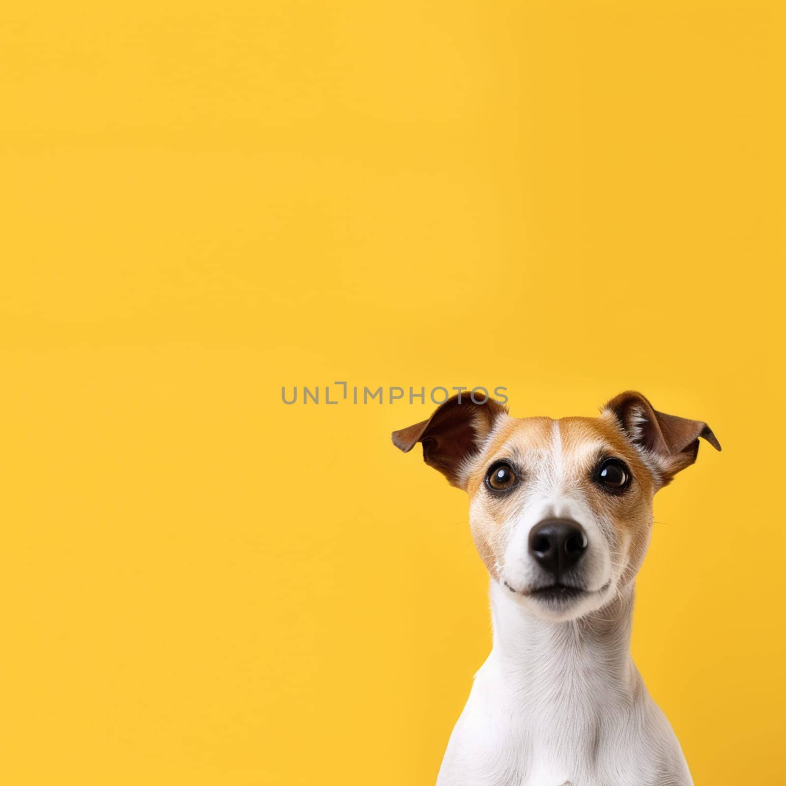 A happy and funny dog looking in front, neutral background