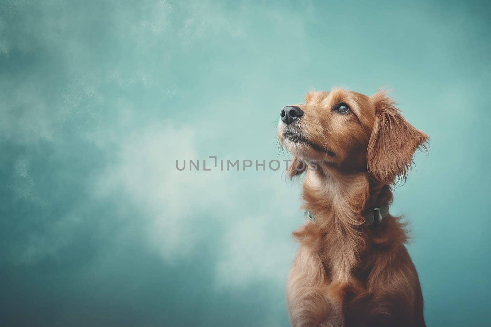 A happy and funny dog looking in front, neutral background