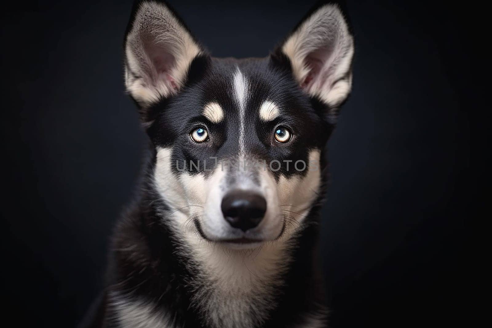 A dog looking at camera with black background, majestic dog