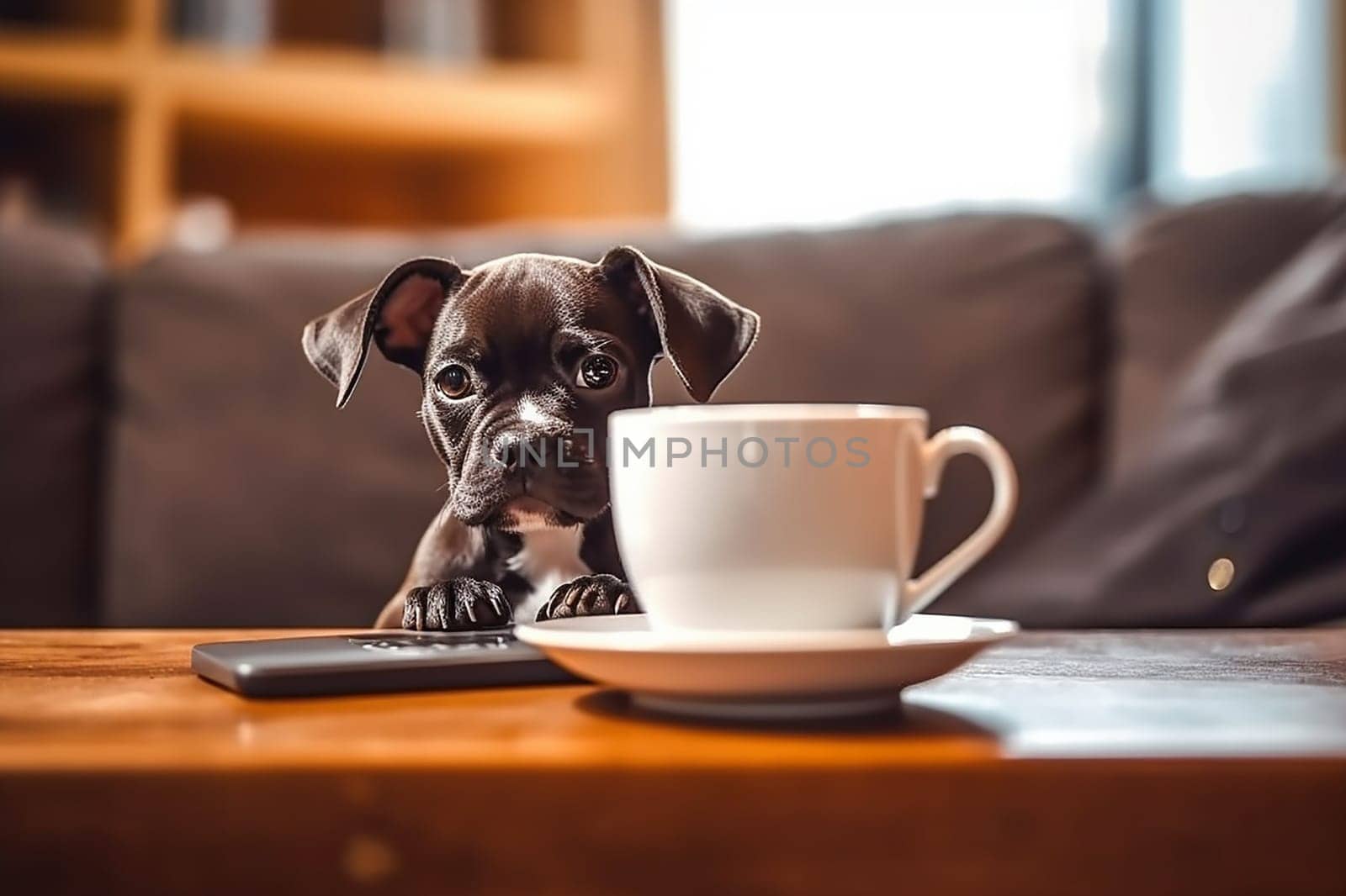 A business dog with his computer, working, with a cup of coffee on a sofa