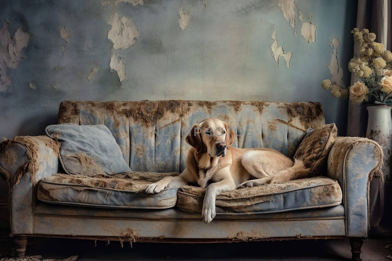 Happy dog on a ruined sofa, guilty dog